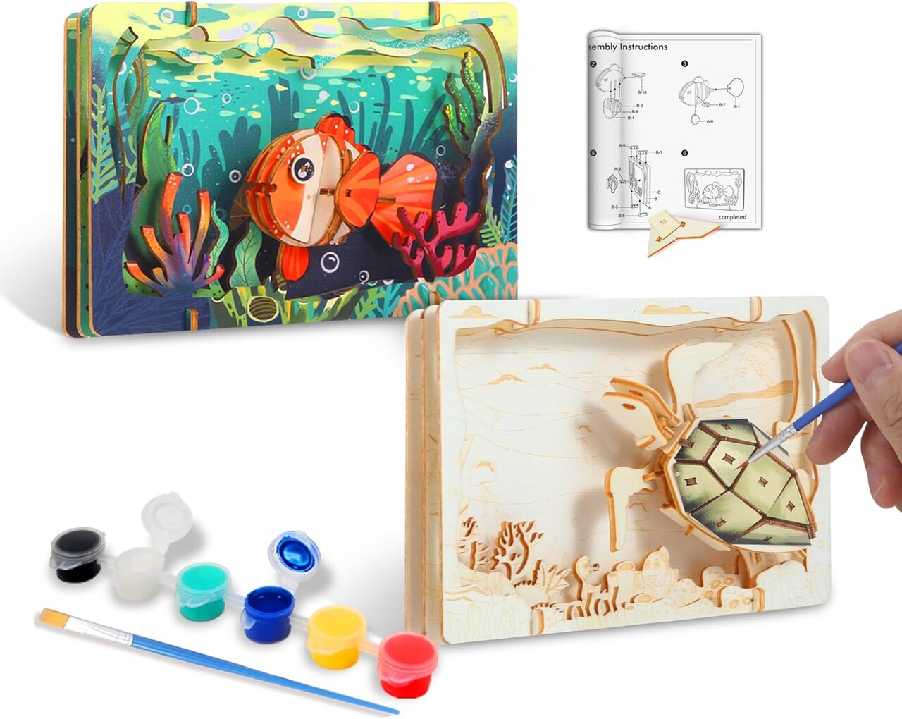 DIY Crafts Kit for Kids Build & Paint Your Own Wooden Craft - Sea Turtle, Fish with Unique Story Backdrop 2 Pack Wood Art Craft Set Painting Activity for Boy & Girl Ages 6 7 8 and Up